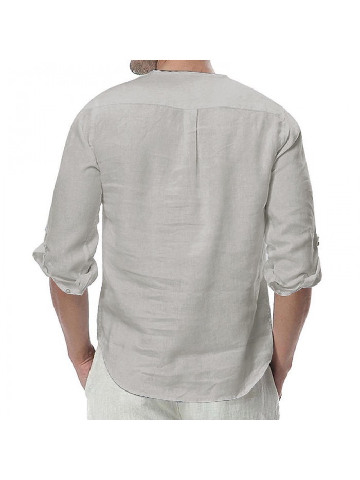 Mens Cotton Button Neck Casual Long Sleeve Slim Fit Shirt Tee Tops