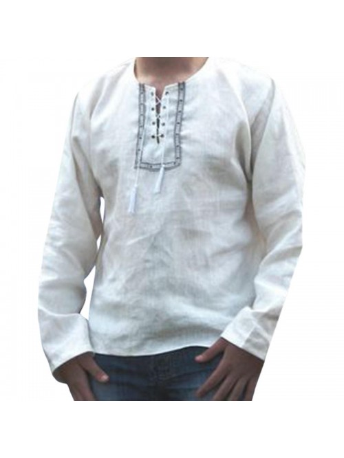 Men's Shirt V-neck National Style Loose Solid Colo...