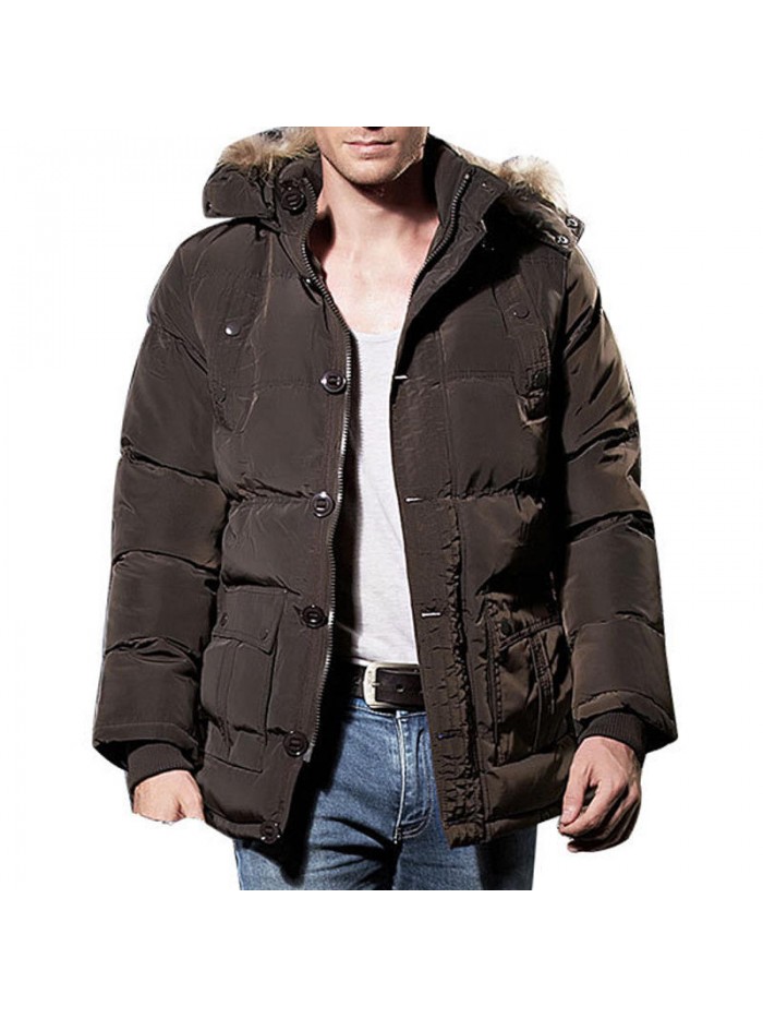 Mens Winter Windproof Multi Pockets Zipper Buttons Solid Color Furry Hood Warm Padded Jacket Parka